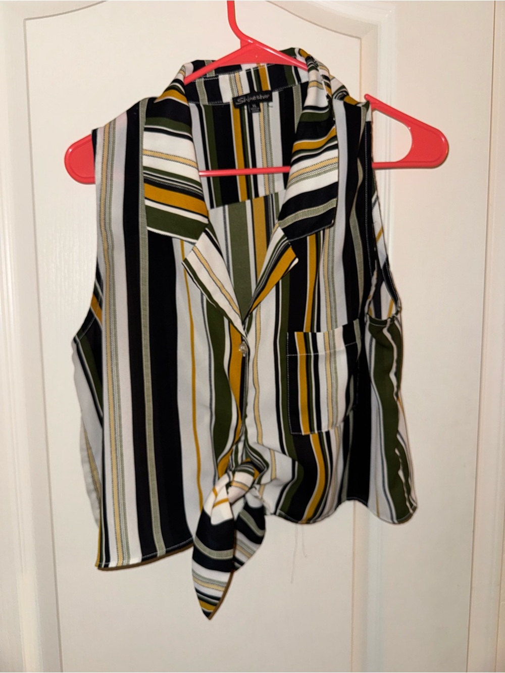 Sleeveless Striped Tie-Front Top in Olive/Black/White -